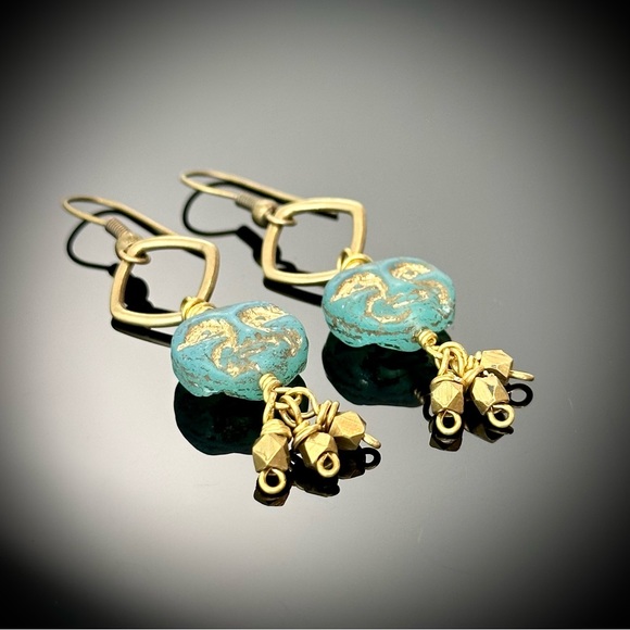 Blue Czech Glass Moon Face w/Brass Dangles, Handmade Artisan Celestial Earrings - Picture 5 of 12
